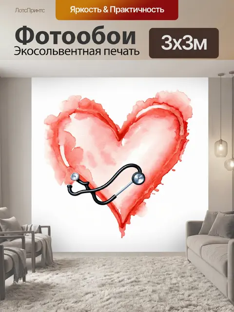 Фотообои изображение стетоскопа, обвивающего сердце, выполненное в акварельном стиле