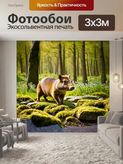 Фотообои водосвинка, нежно исследующая лесную полянку, окруженная мохнатыми камнями и дикими цветами