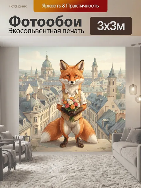Фотообои Лиса с букетом на фоне города