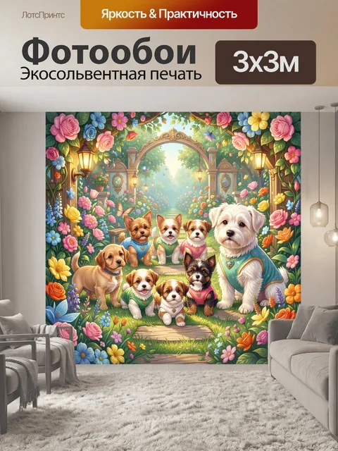 Фотообои Щенки в цветочном саду