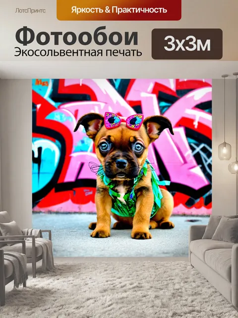 Фотообои животные в стиле графити, стильно одетый щенок с модными аксессуарами и граффити на фоне