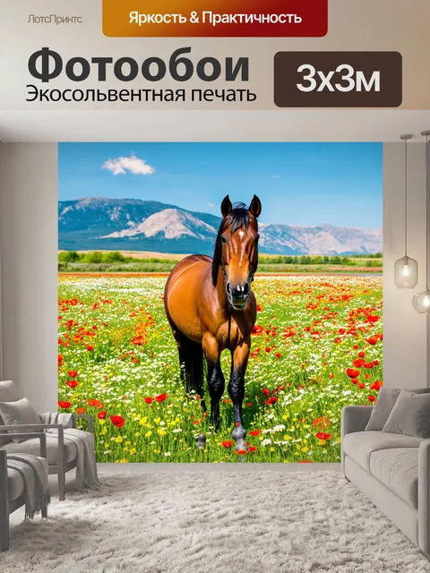 Фотообои лошадь на заливном лугу под ярким солнцем