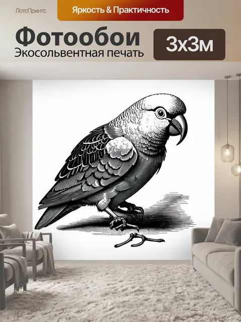 Фотообои винтажное черно-белое изображение попугая, выполненное в технике гравюры