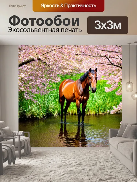 Фотообои конь, стоящий у ручья, отражение в воде, цветущие деревья вокруг