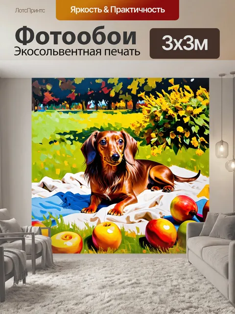 Фотообои длинношерстная такса лежит на одеяле на пикнике в парке, вокруг множество фруктов и цветов