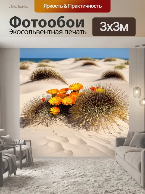 Фотообои греция, ветреные дюны берегового рельефа, яркие цветы среди песка, морская свинка, яркое солнце…