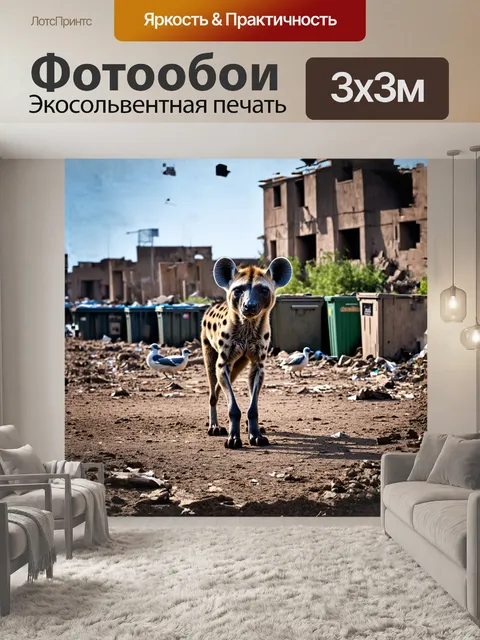 Фотообои пятнистая гиена стоит на фоне заброшенного городского пейзажа, ее шерсть переливается на солнечном свете