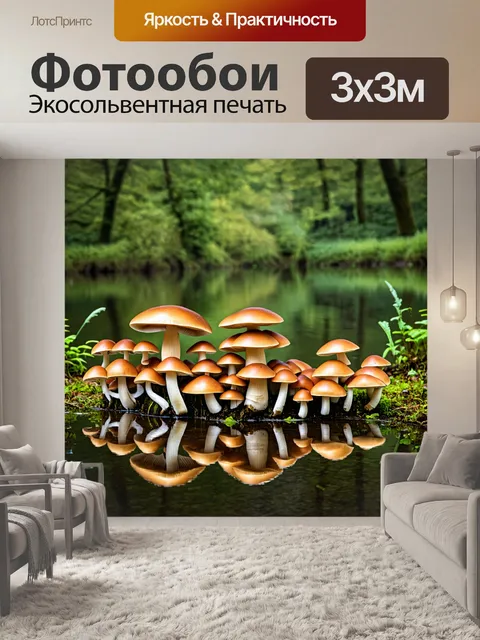 Фотообои грибы лес, грибное королевство с необычными видами грибов, лесное озеро на заднем плане, отражение в воде…