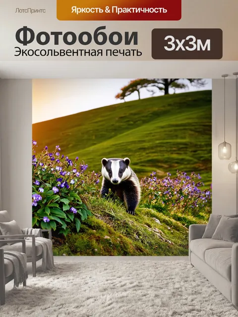 Фотообои у подножия холма, на которых растут цветущие фиалки, барсук исследует свою территорию