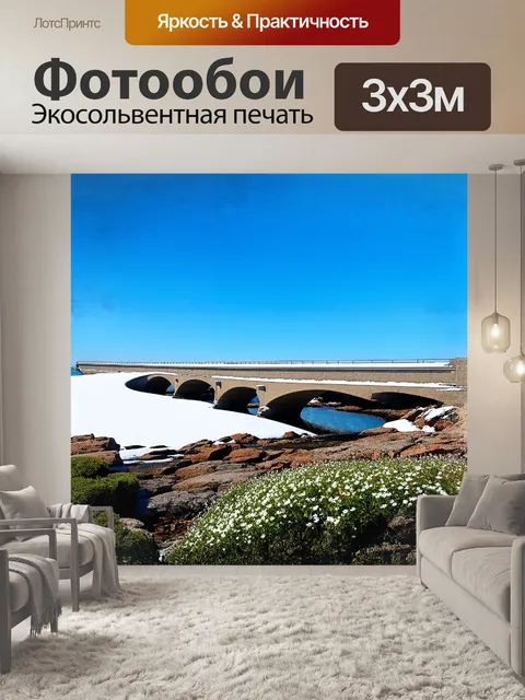 Фотообои в центре кадра – белоснежный мост, обвивающийся вокруг скалистого берега