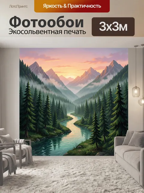 Фотообои Горная река и лес на закате