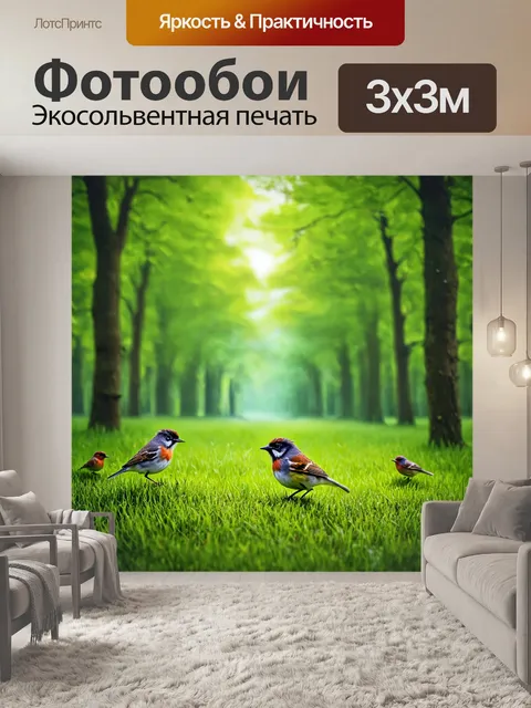 Фотообои весеннее утро с каплями росы на траве, щебетание птиц, свежий воздух