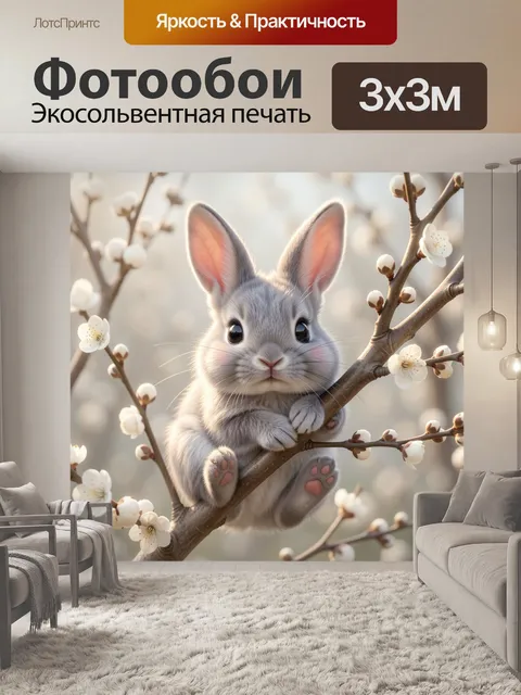 Фотообои Милый зайчонок в цветущих ветках