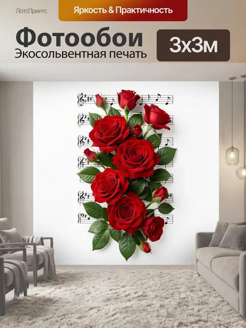 Фотообои Крупные красные розы с бархатистыми лепестками и сочными тёмно‑зелёными листьями