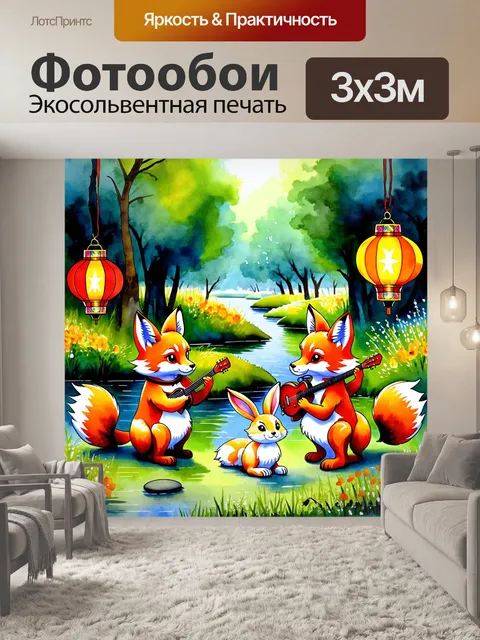 Фотообои промт: "лисы и кролик собираются на речной вечеринке, играют на музыкальных инструментах
