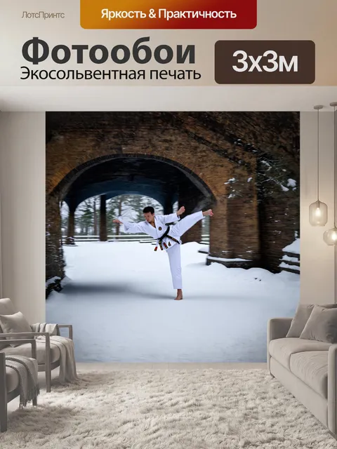 Фотообои на пейзаже, покрытом свежим снегом, тэквондист изящно выполняет вращающийся удар в замедленной съемке