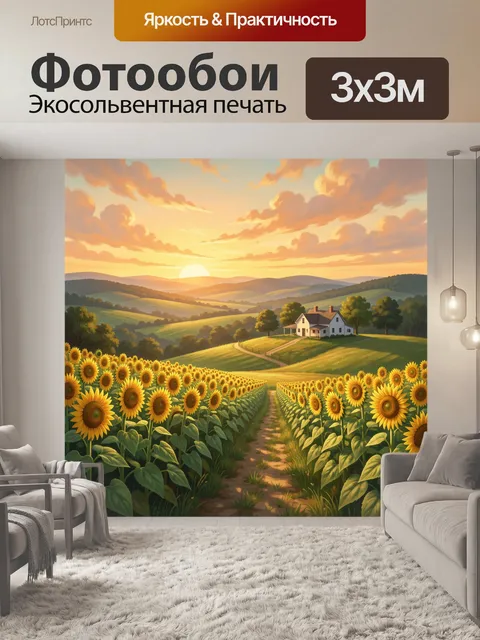 Фотообои Подсолнуховое поле у деревенского дома