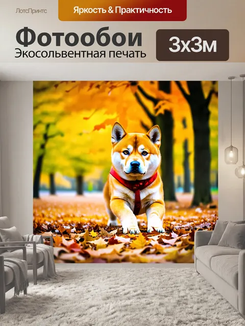 Фотообои сиба ину, играющая с листьями в осеннем парке, с цветами, варьирующими от желтого до красного