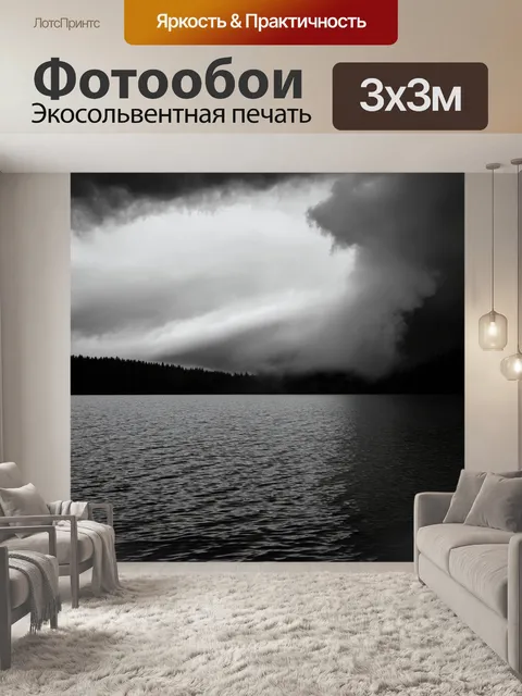 Фотообои озеро в черно-белом стиле, таинственное облако, нависающее над водой