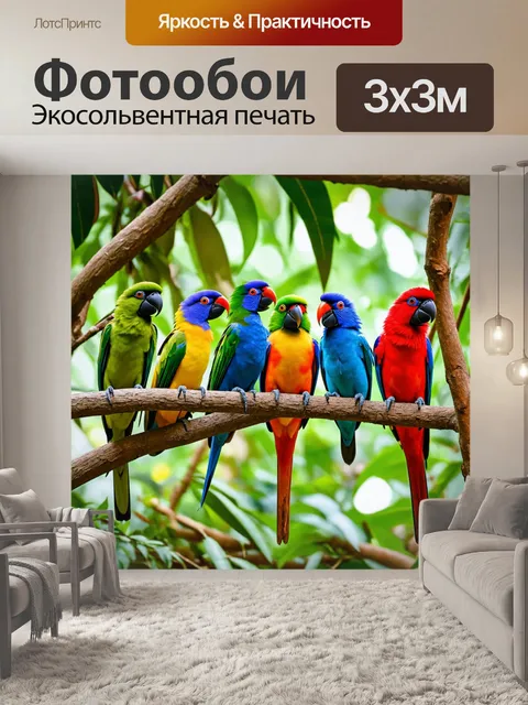 Фотообои джунгли с разнообразными видами экзотических птиц, сидящих на ветвях
