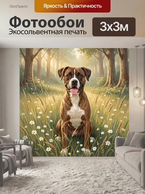 Фотообои Боксер среди ромашек в лесу