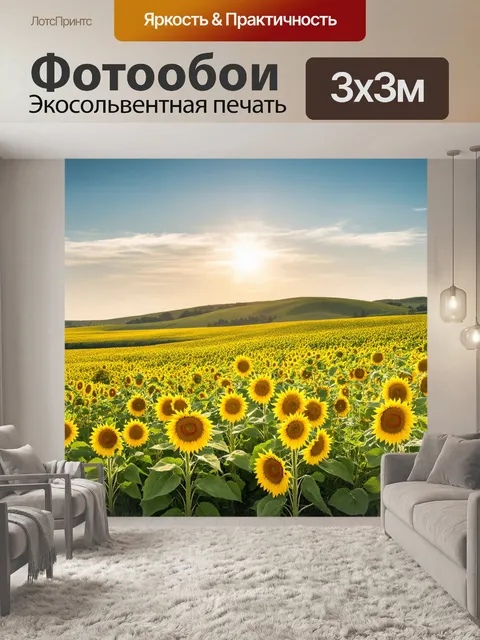 Фотообои утро: на просторной равнине бескрайние поля цветущих подсолнухов