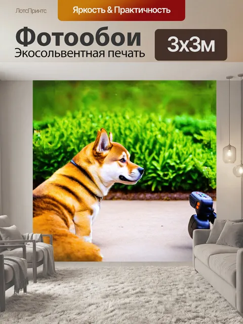 Фотообои шиба-ину в профиль, играющая с пультом удаленного доступа, на фоне яркого зеленого сада