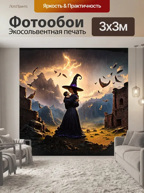 Фотообои на заброшенной горе с древними руинами виден силуэт ведьмы, обнимающей свою изогнутую шляпу