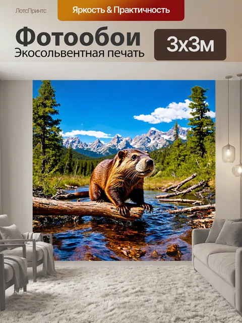 Фотообои бобр, занятый построением своей плотины, активно трудится, используя ветки и листья, которые он добывает из…