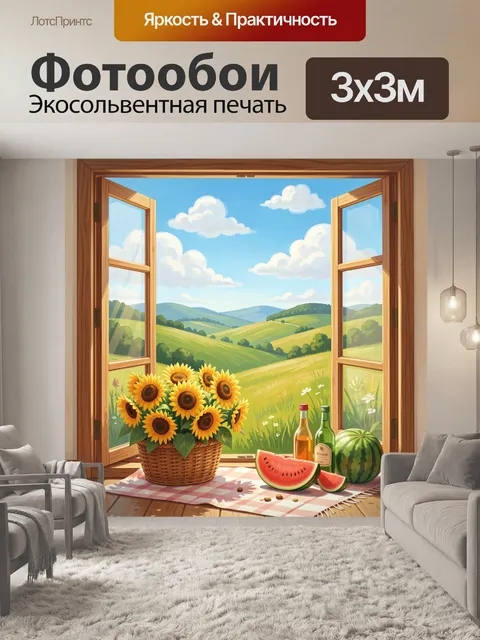 Фотообои Солнечные подсолнухи в корзине у окна