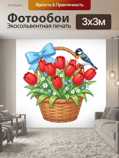 Фотообои Тюльпаны с птицей и лентой