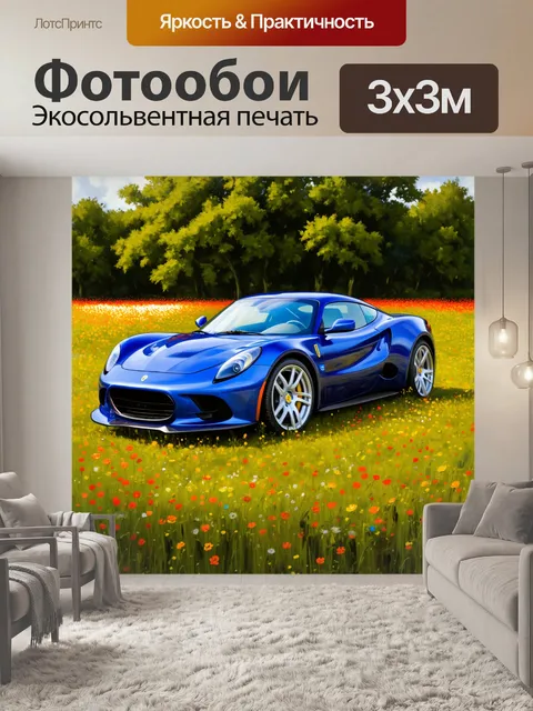 Фотообои спортивный автомобиль в травяном поле с множеством цветов