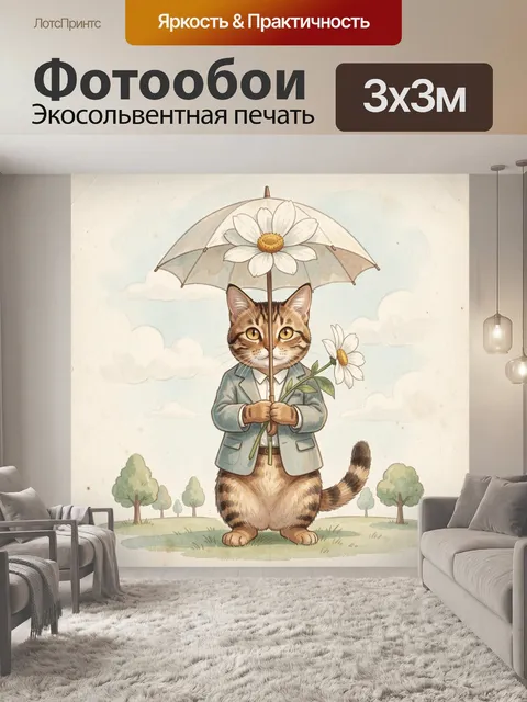 Фотообои Кот с зонтом и ромашкой