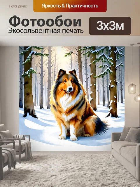 Фотообои грубая колли в зимнем лесу, окруженная снежными деревьями и мягким светом, проникающим сквозь листья