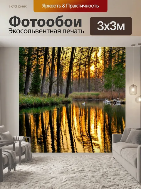 Фотообои тихий лес с озером, спокойная вода, отражения деревьев, утки на воде, звуки природы, красивые закаты и…