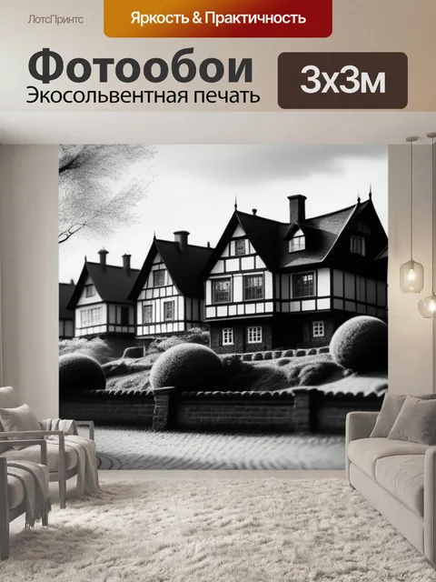 Фотообои пейзаж с домами деревьями чернобелый