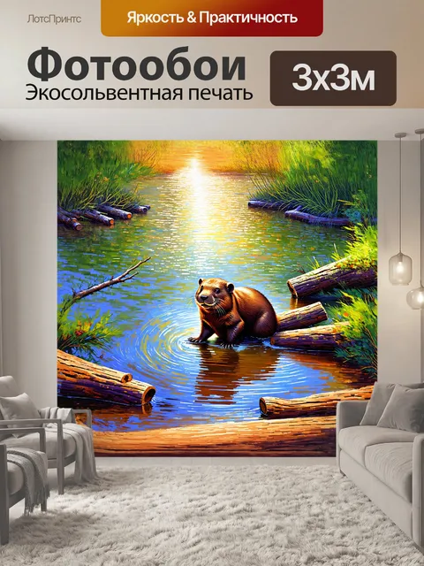 Фотообои на берегу тихого озера бобер строит свою плотину, использую приносимые реками ветвя и бревна