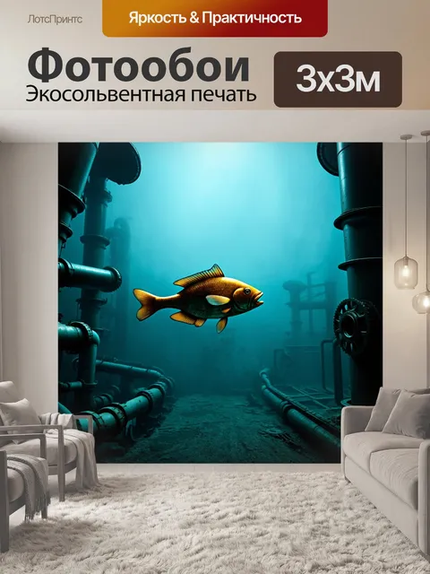 Фотообои море в стиле дизельпанк с механическими рыбами, плавающими среди заводских труб, туман и шестерёнки