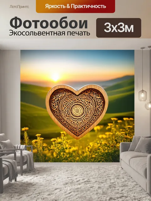 Фотообои сердце, вырезанное из дерева с изображением традиционных азербайджанских узоров, окруженное зелеными холмами…