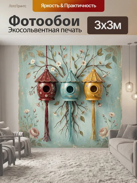 Фотообои Три винтажных скворечника с цветами