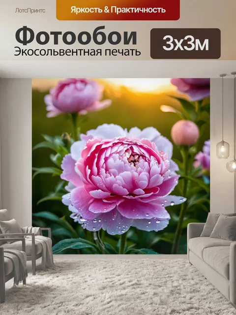 Фотообои пионы в утреннем свете, окруженные каплями росы, с мягкими боке на фоне, в стиле акварели