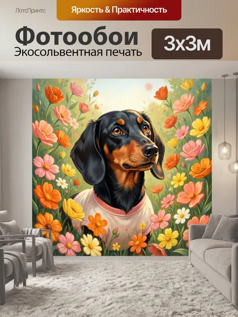 Фотообои Такса среди летних цветов