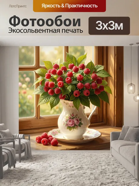 Фотообои Малина в фарфоровом кувшине