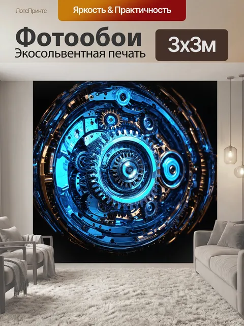 Фотообои голографический механизм с светящимися шестернями и колесами
