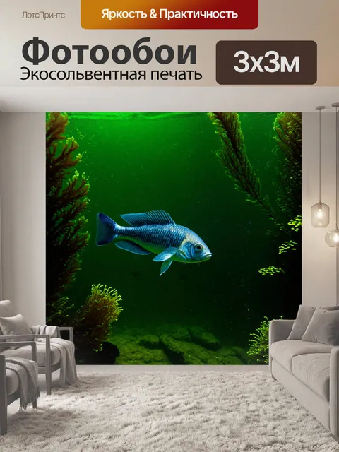 Фотообои рыбка, стремительно плывущая сквозь светящиеся водоросли в темной воде, создавая эффектный контраст в…