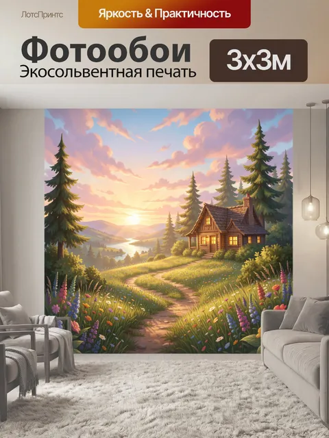 Фотообои Домик в лесу на закате