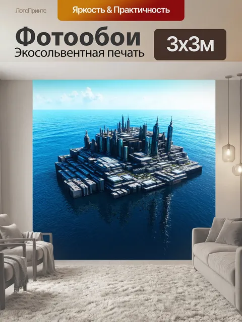 Фотообои море в стиле киберпанк: парящий город с различными сегментами
