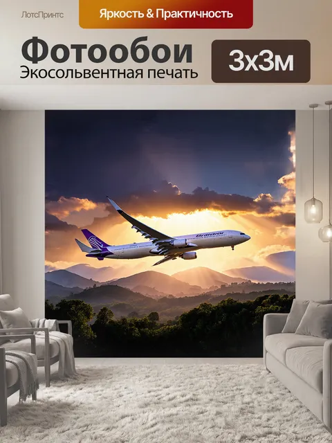 Фотообои огромный пассажирский самолет, сверкающий на фоне яркого заката