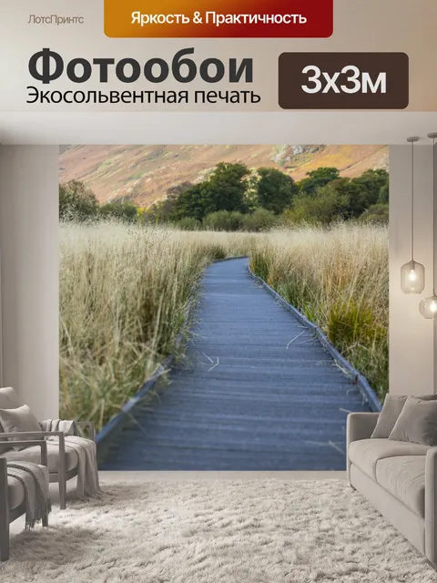 Фотообои Деревянный тротуар и трава Осень