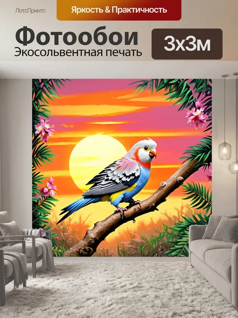 Фотообои изображение кореллы, сидящей на ветке и любующейся закатом, с яркими оттенками оранжевого и розового неба